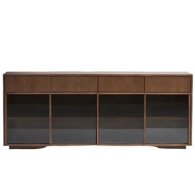 HELVINE 4-door, 4-drawer sideboard in ash veneer with walnut finish and tempered glass 200 x 80cm FSC 100%