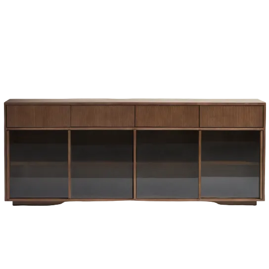 HELVINE 4-door, 4-drawer sideboard in ash veneer with walnut finish and tempered glass 200 x 80cm FSC 100%