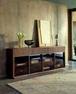 HELVINE 4-door, 4-drawer sideboard in ash veneer with walnut finish and tempered glass 200 x 80cm FSC 100%