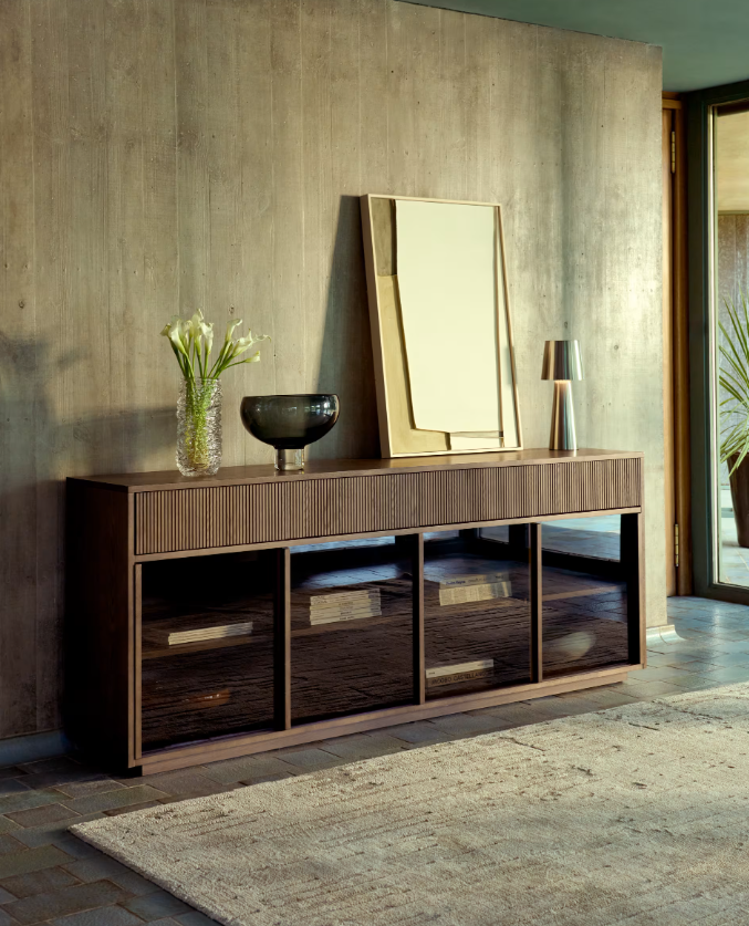 HELVINE 4-door, 4-drawer sideboard in ash veneer with walnut finish and tempered glass 200 x 80cm FSC 100%