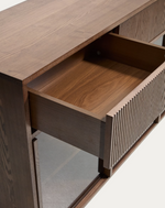 HELVINE 4-door, 4-drawer sideboard in ash veneer with walnut finish and tempered glass 200 x 80cm FSC 100%