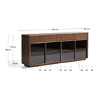 HELVINE 4-door, 4-drawer sideboard in ash veneer with walnut finish and tempered glass 200 x 80cm FSC 100%