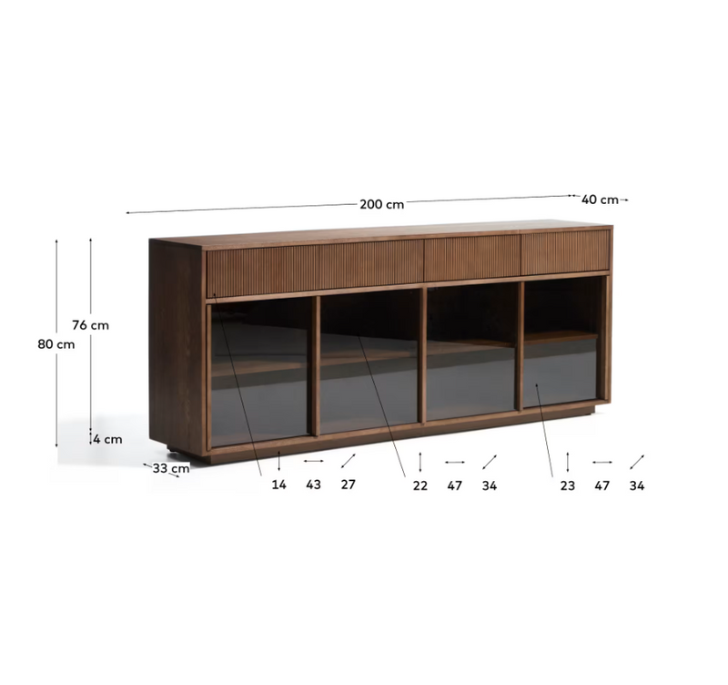 HELVINE 4-door, 4-drawer sideboard in ash veneer with walnut finish and tempered glass 200 x 80cm FSC 100%