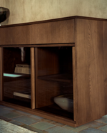 HELVINE 4-door, 4-drawer sideboard in ash veneer with walnut finish and tempered glass 200 x 80cm FSC 100%