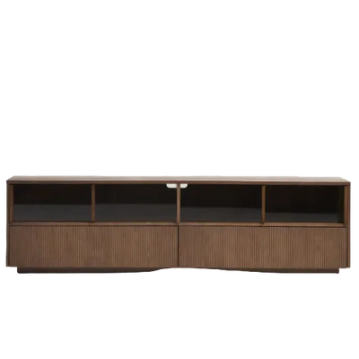 HELVINE TV stand with 4 doors and 2 drawers in ash veneer with walnut finish and tempered glass, 200 x 54 cm, FSC 100%