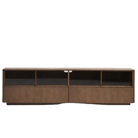HELVINE TV stand with 4 doors and 2 drawers in ash veneer with walnut finish and tempered glass, 200 x 54 cm, FSC 100%