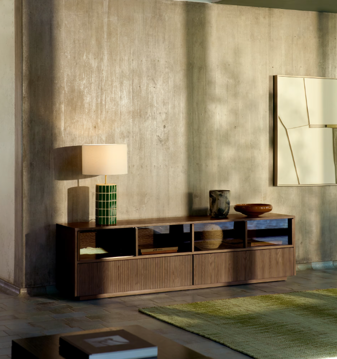 HELVINE TV stand with 4 doors and 2 drawers in ash veneer with walnut finish and tempered glass, 200 x 54 cm, FSC 100%