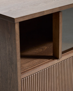 HELVINE TV stand with 4 doors and 2 drawers in ash veneer with walnut finish and tempered glass, 200 x 54 cm, FSC 100%
