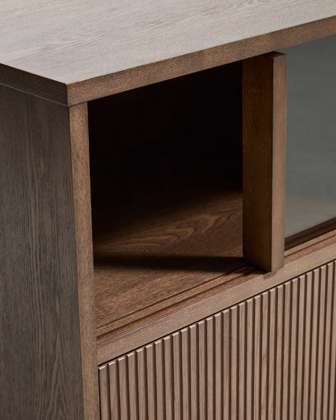 HELVINE TV stand with 4 doors and 2 drawers in ash veneer with walnut finish and tempered glass, 200 x 54 cm, FSC 100%