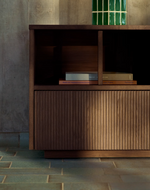 HELVINE TV stand with 4 doors and 2 drawers in ash veneer with walnut finish and tempered glass, 200 x 54 cm, FSC 100%