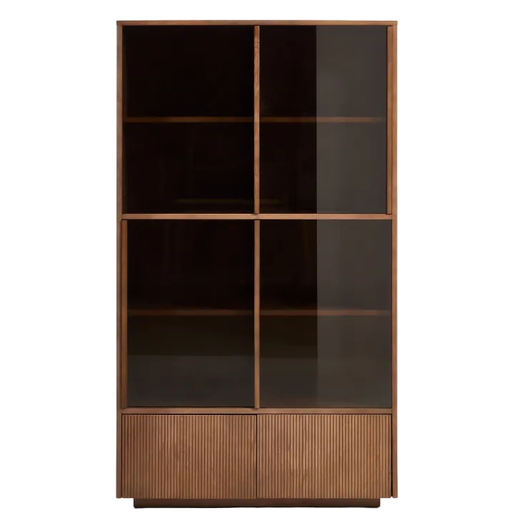 HELVINE Display cabinet 4 doors 2 drawers oak veneer and tempered glass 100 x 174 cm FSC 100%