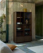 HELVINE Display cabinet 4 doors 2 drawers oak veneer and tempered glass 100 x 174 cm FSC 100%
