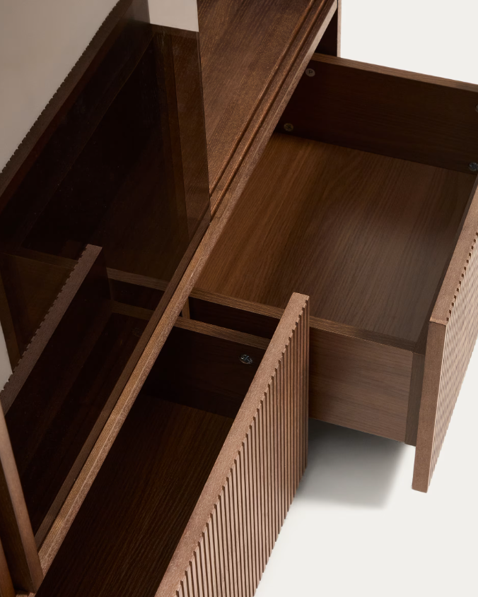 HELVINE Display cabinet 4 doors 2 drawers oak veneer and tempered glass 100 x 174 cm FSC 100%