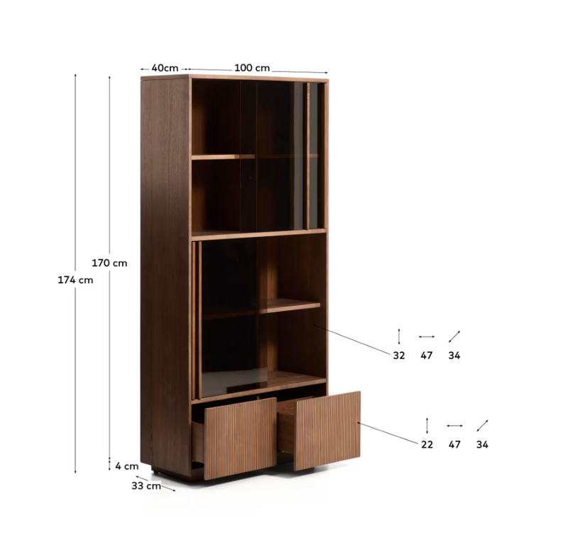 HELVINE Display cabinet 4 doors 2 drawers oak veneer and tempered glass 100 x 174 cm FSC 100%
