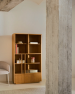 HELVINE Display cabinet 4 doors 2 drawers oak veneer and tempered glass 100 x 174 cm FSC 100%