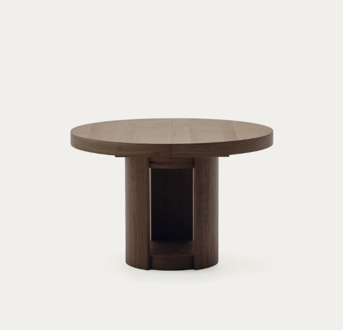 ARTIS Extendable round table in solid wood and oak veneer with a walnut finish, FSC 100%, 120 (170) x 80 cm