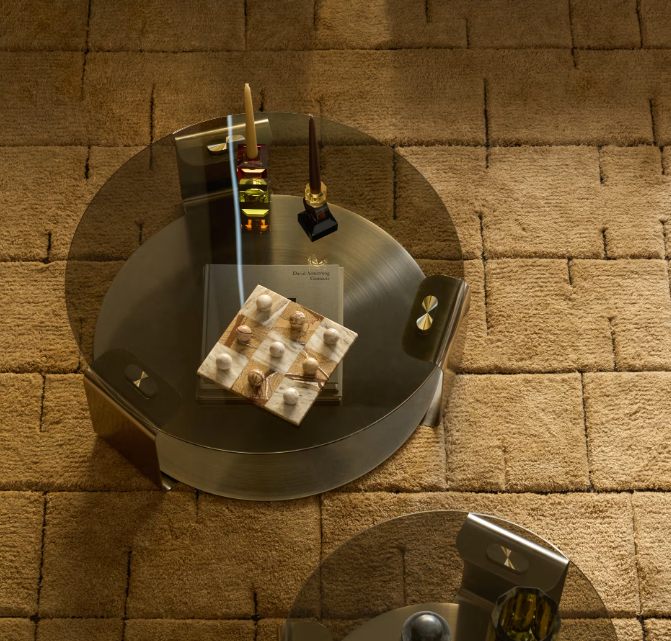 DOLVEN Coffee table in brown glass and brushed steel Ø80cm