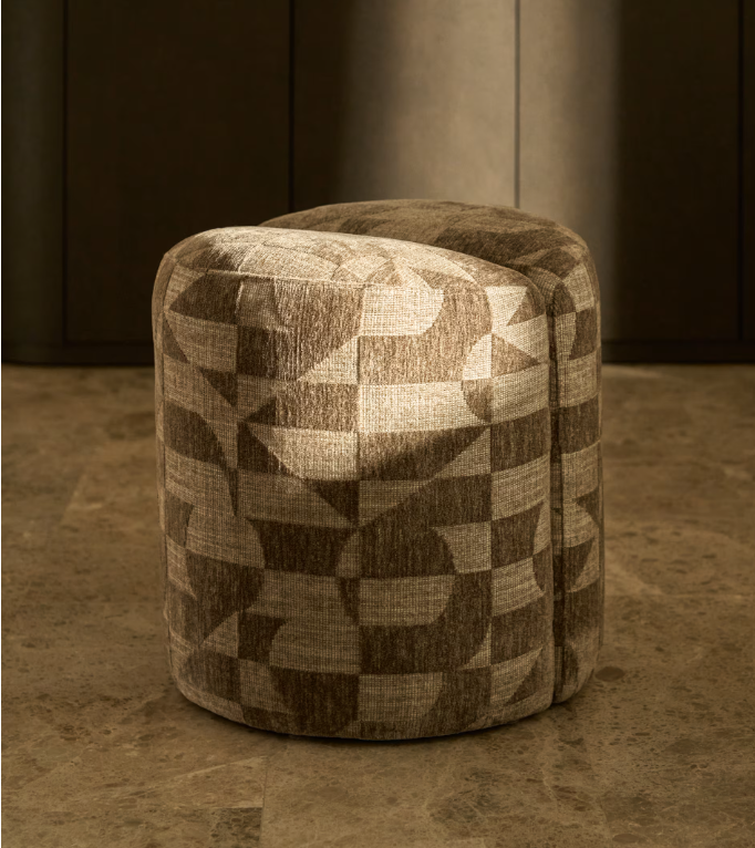 NEDILO Round footrest in taupe geometric FSC Mix Credit jacquard fabric