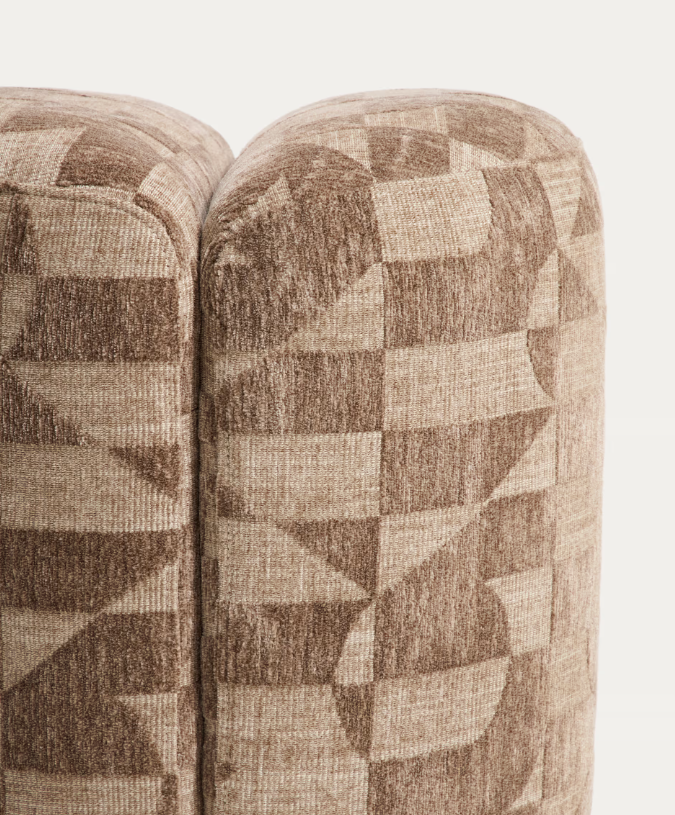 NEDILO Round footrest in taupe geometric FSC Mix Credit jacquard fabric