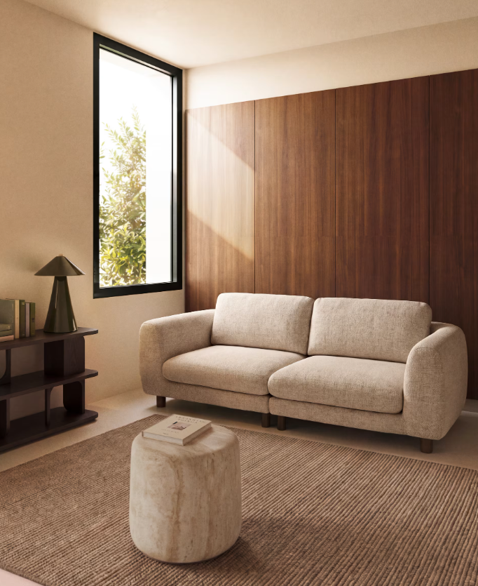VERA Beige 3-seater sofa with walnut-finish solid ash wood legs 230 cm FSC Mix Credit