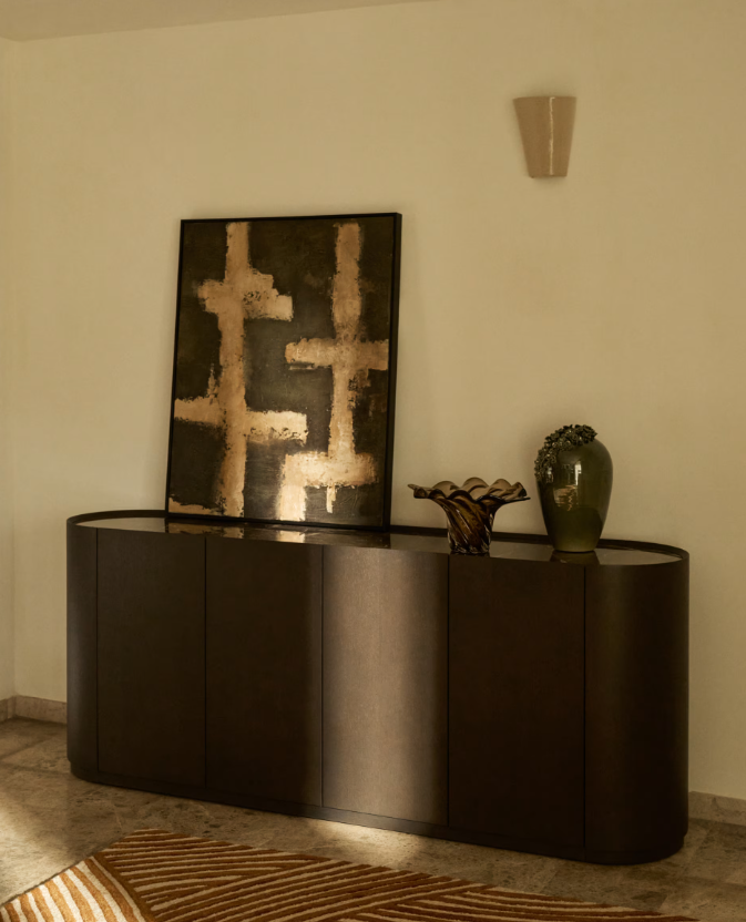 NEMORE 4-door oak veneer sideboard with Emperador marble-effect ceramic top, FSC Mix Credit, 200 x 45 cm