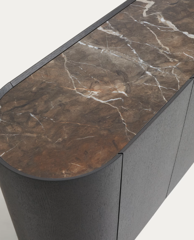 NEMORE 4-door oak veneer sideboard with Emperador marble-effect ceramic top, FSC Mix Credit, 200 x 45 cm