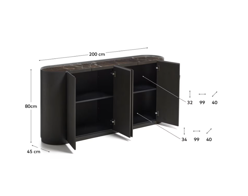 NEMORE 4-door oak veneer sideboard with Emperador marble-effect ceramic top, FSC Mix Credit, 200 x 45 cm