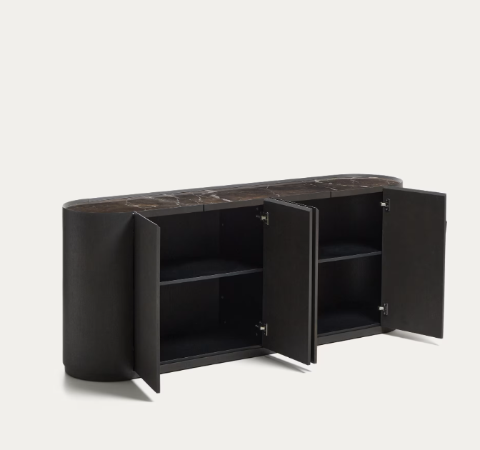 NEMORE 4-door oak veneer sideboard with Emperador marble-effect ceramic top, FSC Mix Credit, 200 x 45 cm