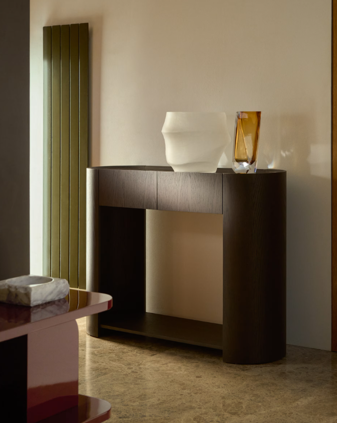 NEMORE Console table with 2 oak veneer drawers and Emperador marble-effect ceramic top, FSC Mix Credit, 120 x 90 cm