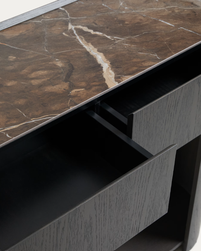 NEMORE Console table with 2 oak veneer drawers and Emperador marble-effect ceramic top, FSC Mix Credit, 120 x 90 cm