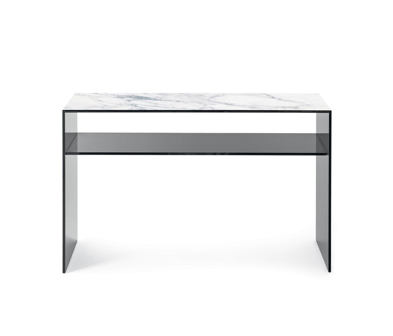 BRIDGE Console table with rectangular ceramic top and glass base