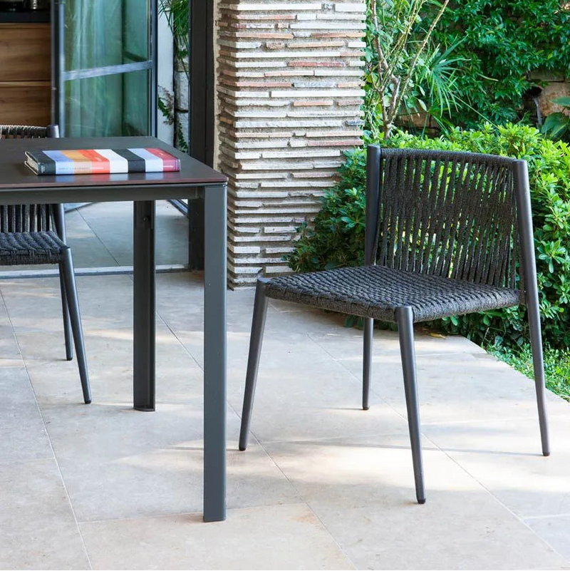 LUCE stackable chair in graphite aluminium and rope
