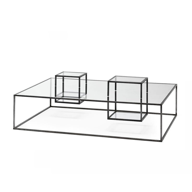 ILLUSION Coffee table with glass top and black metal structure.