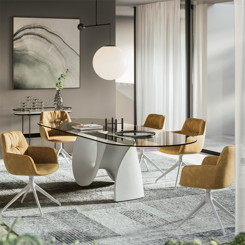 SEASHELL Table with an elliptical non-extending top and central base in cement, FE