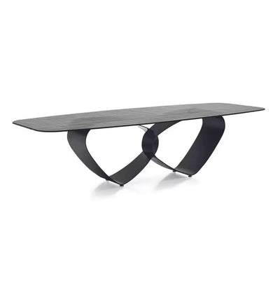 BREEZE Table with a non-extending elliptical top and a base in shaped sheet metal