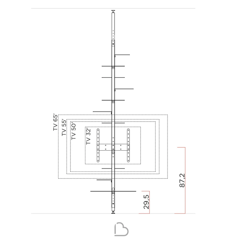 ADELAIDE TV Stup postavljen između poda i stropa s metalnom strukturom u crnoj mat boji