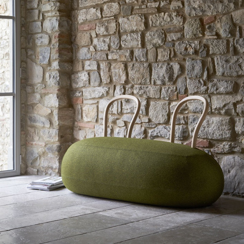 YUM YUM A soft padded pouf with a strong wooden backrest