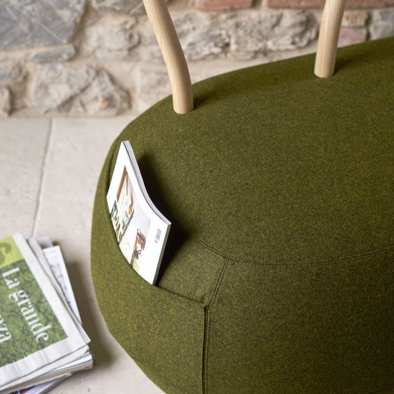 YUM YUM A soft padded pouf with a strong wooden backrest