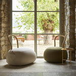 YUM YUM A soft padded pouf with a strong wooden backrest